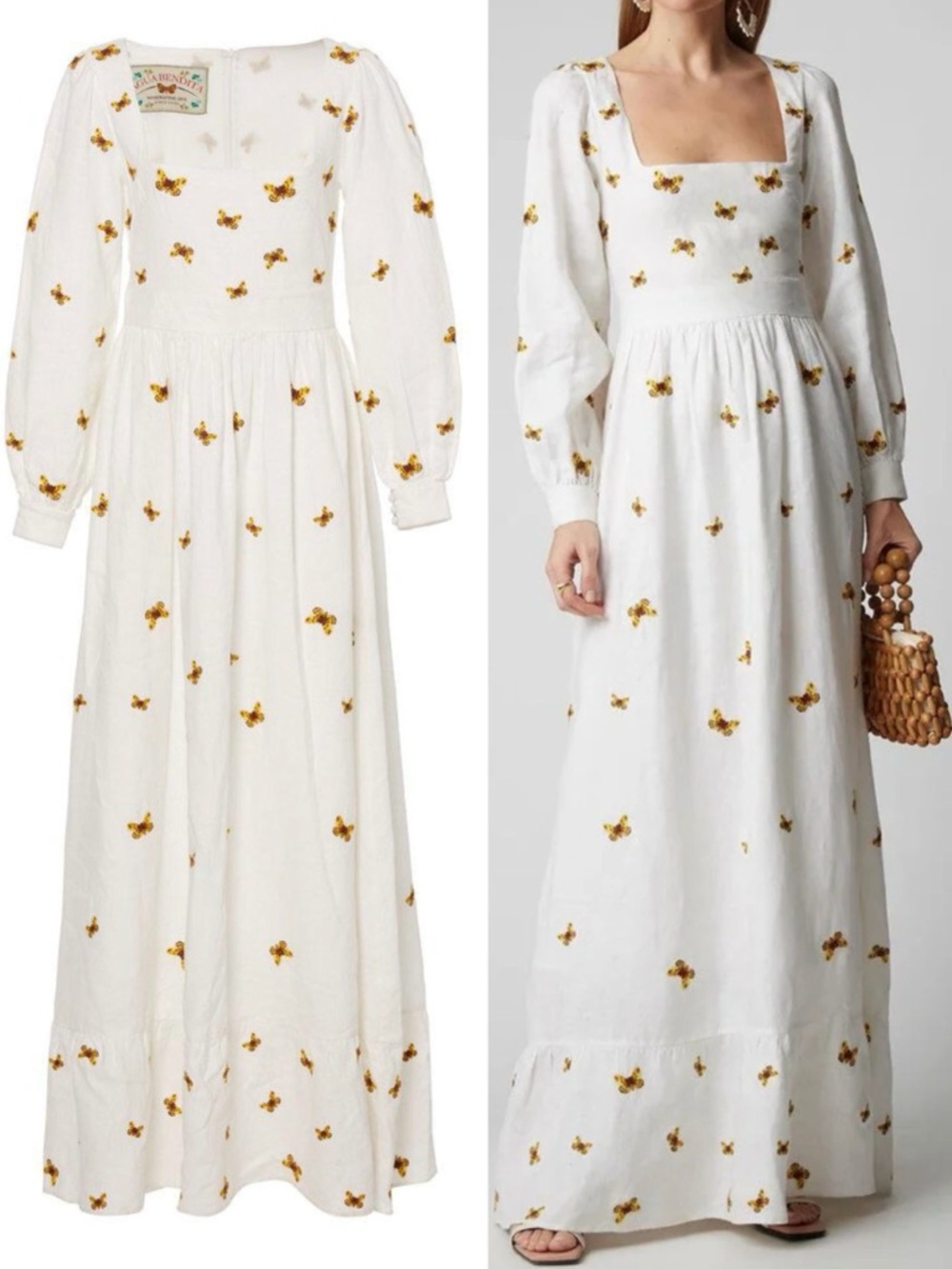 Agua by Agua Bendita Curuba Butterfly Embroidered Linen Maxi Dress, M